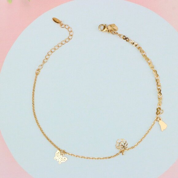 "Rose Gold Butterfly and Floral Charm Anklet, XPAL1053 - Picture 3 of 11